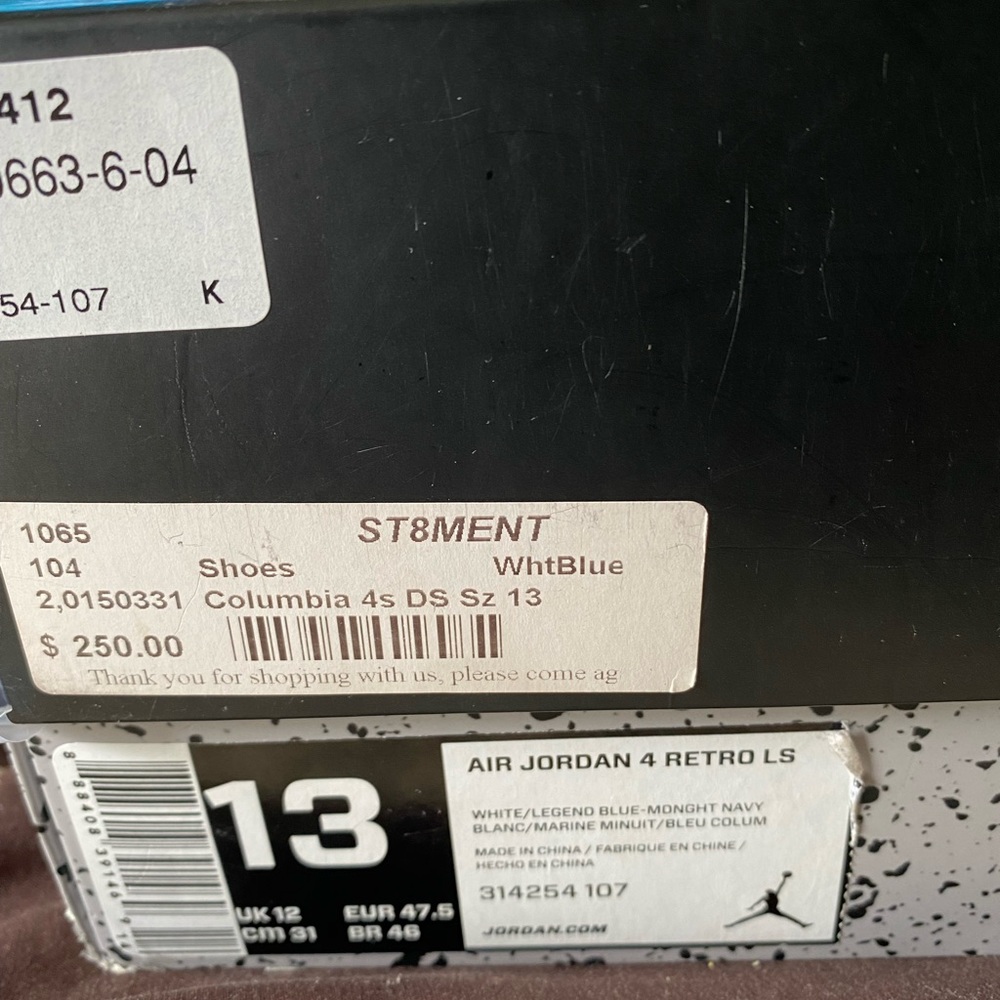 Mens Size 13 Jordan Retro 4 “Columbia”